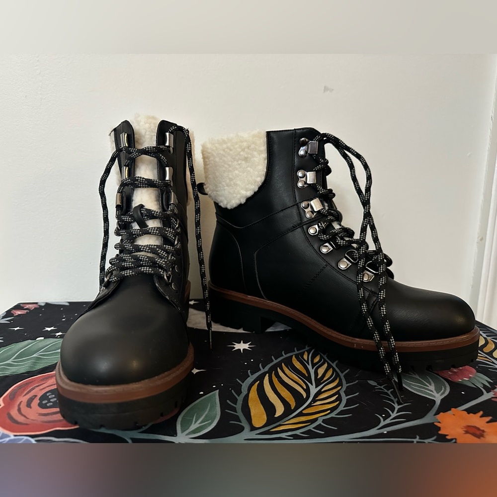 Lane Bryant Black Lace-Up Faux-Shearling Combat Boots